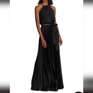 ML Monique Lhuillier Satin Chain Link Belt Pleated Gown